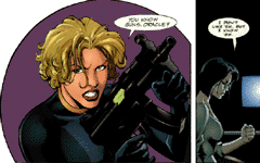 Two panels -- Black Canary with a gun in the first, Oracle in the second.
